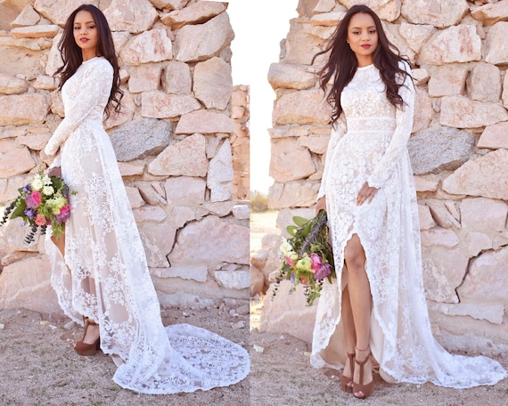 Floral Lace Lace Long Sleeve Fishtail High Low Skirt Wedding Etsy