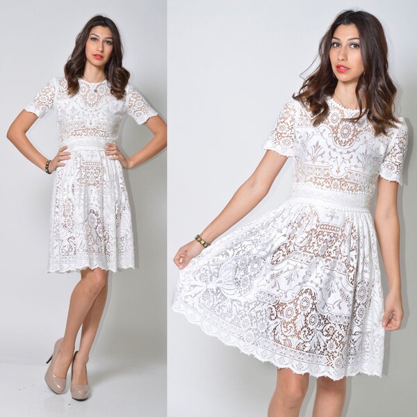 VTG Sheer Crochet Lace Cut-out Scallop Runway WEDDING Boho Midi Dress