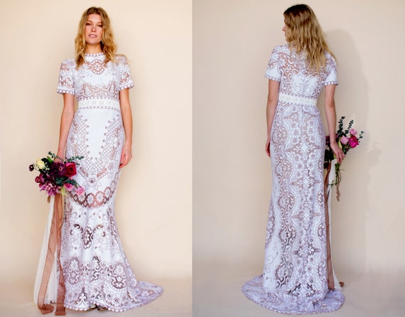 Earthy Cotton Lace Floral Boho Wedding Dress Gown Made W Etsy