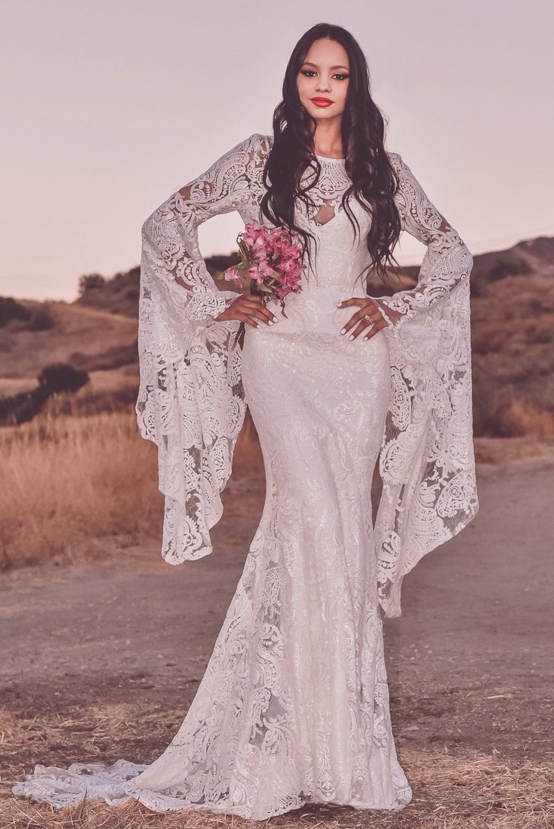 Boho Wedding Dress Bohemian Sheer Lace Sequins Flare Sleeves - Etsy