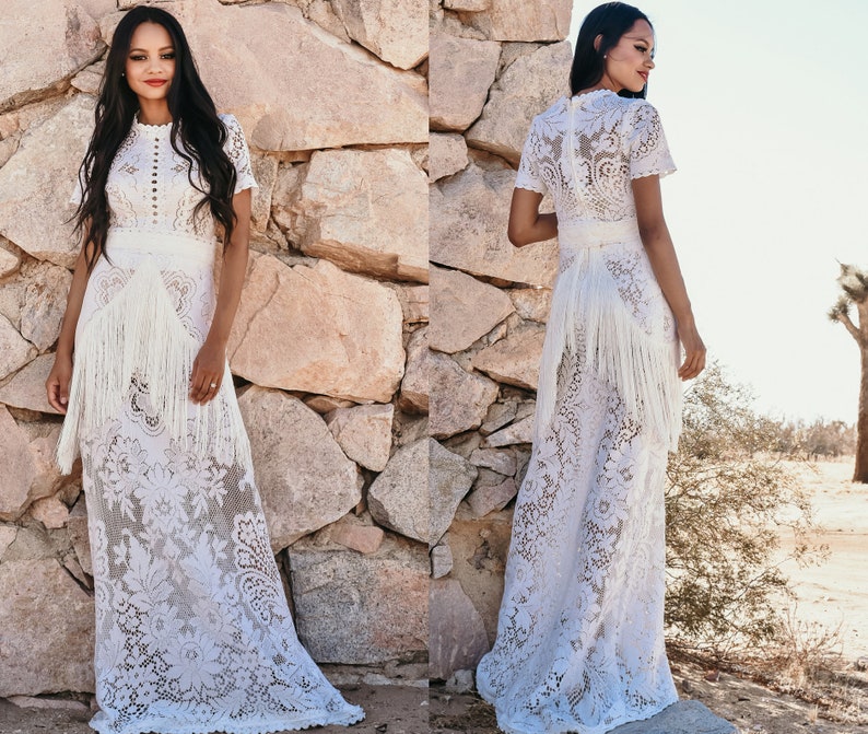 Wedding Dress Boho Fringe Cotton Vintage Lace Hippie Festival Etsy