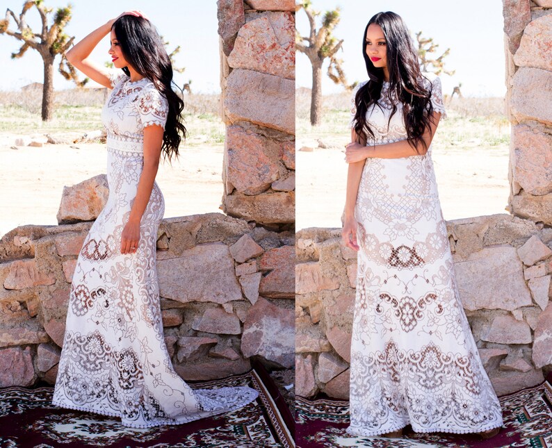 Beach Elopement Short Sleeve Scallop Lace Hourglass Boho Etsy