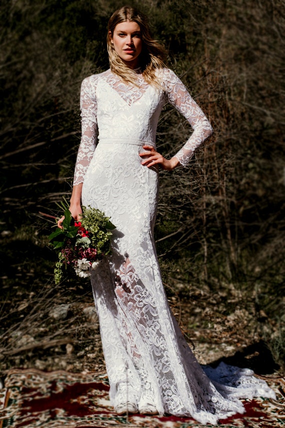 Stretch Lace Wedding Dress Gown Boho Long Sleeve Hourglass Etsy