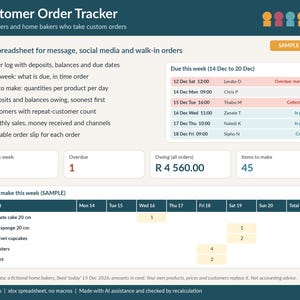 Customer Order Tracker Spreadsheet, Home Bakery and Maker Order Log, Cake Order Form, Deposits and Due Dates, Digital xlsx