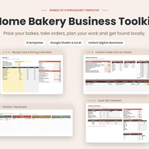 Home Bakery Business Toolkit, Recipe Cost Calculator, Order Tracker, SEO Checklist, Google Sheets