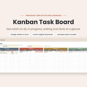 May include: A digital Kanban task board spreadsheet template for small businesses. The interface features four columns labeled To Do, Doing, Waiting, and Done, with rows for tasks, owners, priority levels, and due dates in a clean layout.