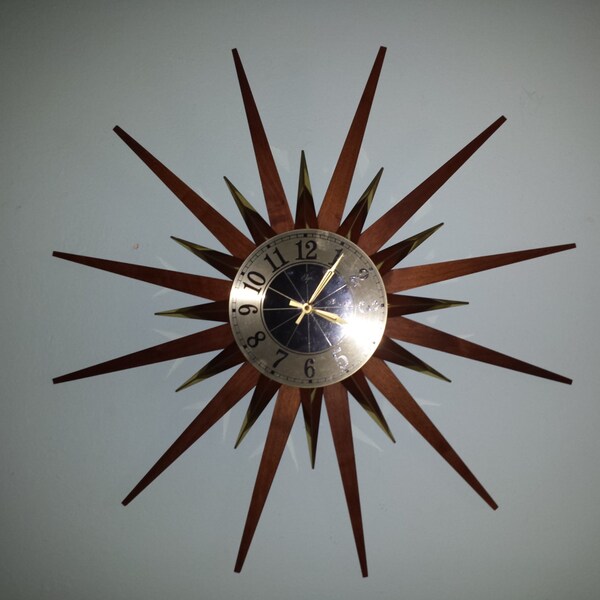 ELGIN STARBURST CLOCK sun burst brass and teak quartz movement mid century modern atomic