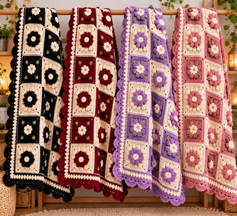 Crochet Rug Pattern, Granny Square Rug, 3D Flower Floral Design ...