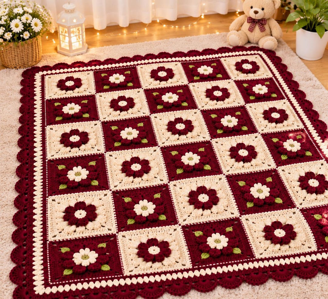 Jp Border Design Crochet Rug Pattern, Granny Square Rug, 3D Flower Floral Design ...