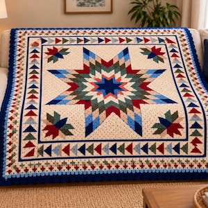 Crochet  Blanket Pattern Heirloom Starburst Afghan Eight Point Star Geometric Throw Floral Corners PDF Download Scalloped Border