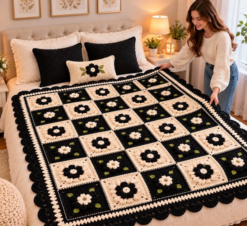Crochet Rug Pattern, Granny Square Rug, 3D Flower Floral Design ...