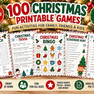 Può includere: Una raccolta di 100 giochi natalizi stampabili che includono cruciverba, quiz, bingo, cacce al tesoro e anagrammi. Ogni foglio presenta grafiche festive come Babbo Natale, renne, alberi e fiocchi di neve con testo rosso e verde.