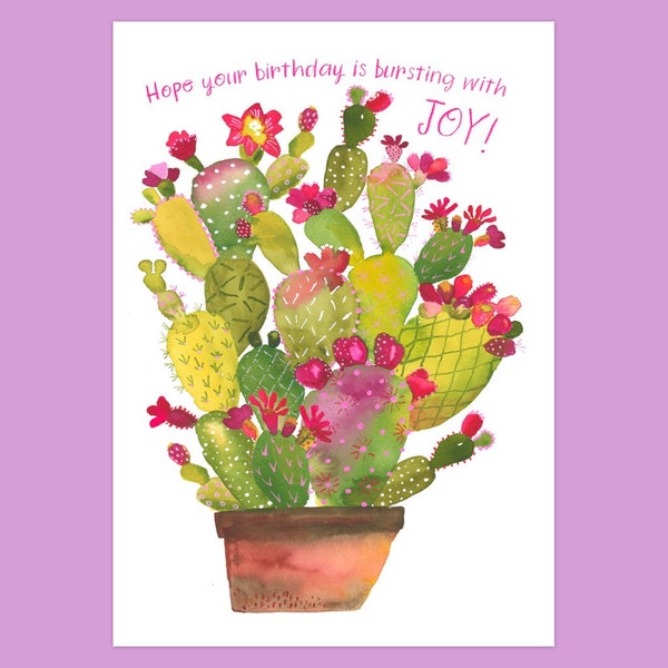 Cactus, Bursting With Joy Birthday | Greeting Card | Potted Prickly Pear Cactus with bright magenta blooms and flowers