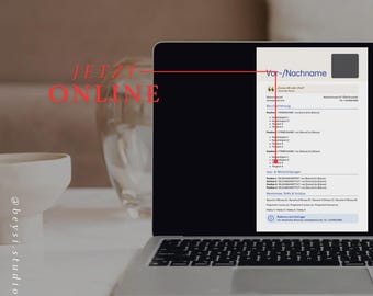 Può includere: Uno schermo di un computer portatile mostra un modello di curriculum digitale con segnaposto per nome, contatti, esperienza professionale, istruzione e competenze. Il testo rosso "JETZT ONLINE" è sovrapposto a sinistra.
