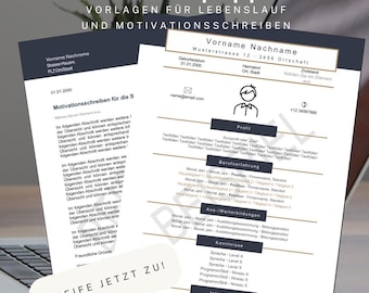 Può includere: Un set di modelli di documenti per curriculum e lettere di presentazione con intestazioni blu scuro e accenti dorati. Il testo recita Möchtest du dein Dossier aufpeppen? Vorlagen für Lebenslauf und Motivationsschreiben e Greife jetzt zu.