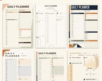 Può includere: Sei modelli di agenda giornaliera con vari layout che includono sezioni per orari, priorità, attività, pasti e monitoraggio dell'umore. Le pagine presentano intestazioni di testo come Daily Planner, Today's Priorities e Schedule 6am to 10pm.