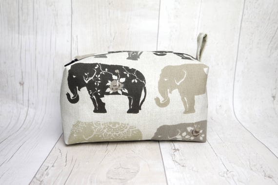 Large box makeup bag travel bag wash bag, made with elephant print cotton linen fabric and fully lined with water proof fabric Large box makeup bag travel bag wash bag, made with elephant print cotton linen fabric and fully lined with water proof fabric