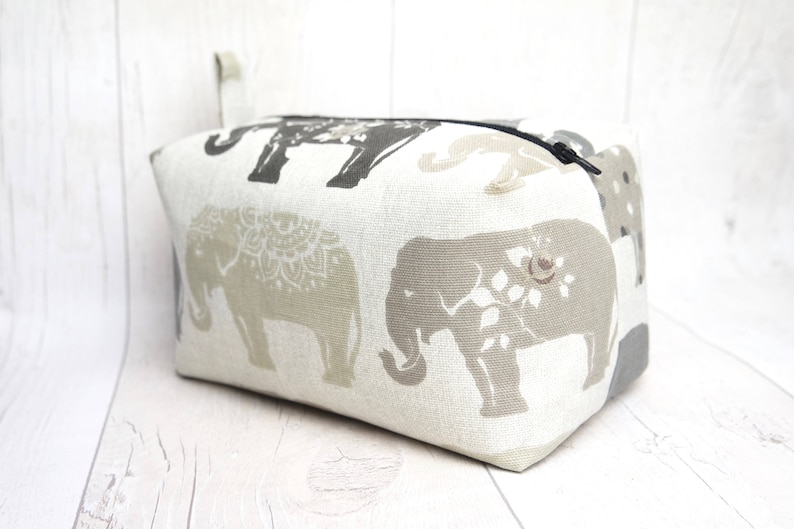 Large box makeup bag travel bag wash bag, made with elephant print cotton linen fabric and fully lined with water proof fabric Large box makeup bag travel bag wash bag, made with elephant print cotton linen fabric and fully lined with water proof fabric