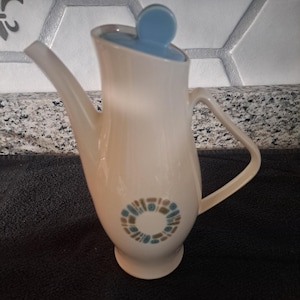 Vintage Cannonsburg Temporama koffiepot met deksel, mid-century modern, atomisch chic, jaren 60, turquoise blauw, retro theepot, MCM keramiek