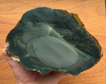 Puede incluir: Una losa pulida de jaspe verde oscuro con una formación central lisa y redondeada en un tono verde salvia más claro. La piedra presenta una superficie brillante con fracturas internas visibles y un borde exterior rugoso y texturizado.