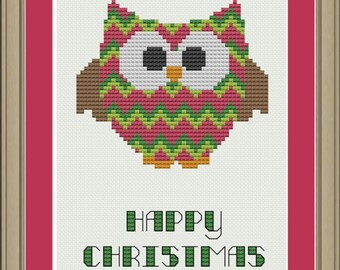 Owl Christmas chevron stripes: cute cross-stitch pattern