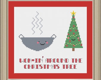 Wok-in around the Christmas tree: funny cross-stitch pattern