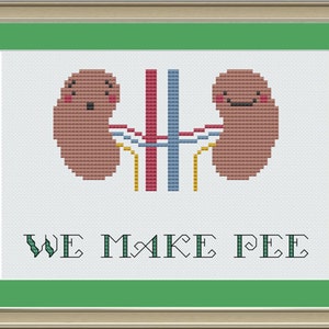 Puede incluir: Patrón de punto de cruz de dos riñones de dibujos animados con caras sonrientes y el texto "WE MAKE PEE" debajo.