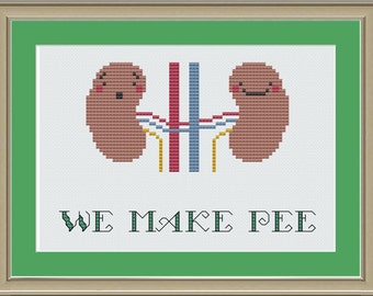 We make pee: nerdy kidney cross-stitch pattern