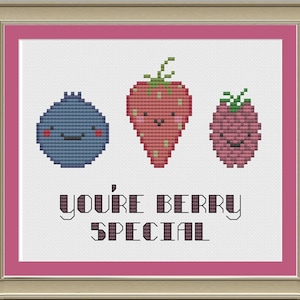 May include: Cross stitch pattern featuring three cartoon berries: a blueberry, a strawberry, and a raspberry. The berries have smiling faces and the text "You're Berry Special" is below them.