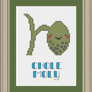 May include: Cross stitch pattern featuring a green cartoon olive with a smiling face and the text "CHOLe MOLY" in blue.