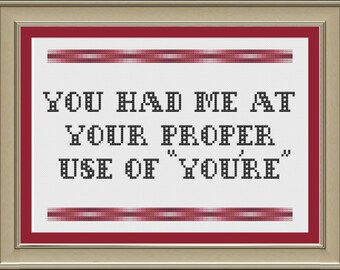 You had me at your proper use of "you're": funny grammar cross-stitch pattern