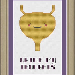 Może przedstawiać: Wzór haftu krzyżykowego z kreskówkową pęcherzem z uśmiechającą się twarzą i tekstem "URINE MY THOUGHTS".