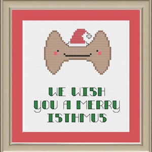 Puede incluir: Un patrón de punto de cruz con una imagen de dibujos animados de una glándula tiroides humana con un gorro de Papá Noel. El texto "WE WISH YOU A MERRY ISTHMUS" está debajo de la imagen.