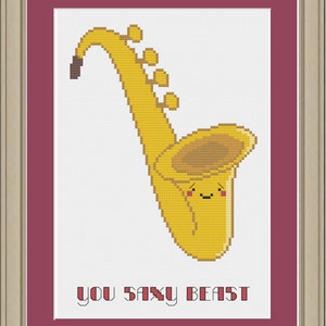 Puede incluir: Un saxofón amarillo de dibujos animados con una cara sonriente y el texto "You Saxxy Beast".