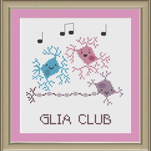 May include: A cross-stitch pattern featuring three cartoon glia cells with smiling faces and musical notes above them. The text "GLIA CLUB" is below the cells.