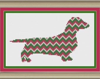 Christmas chevron stripe dachshund: cute dog cross-stitch pattern