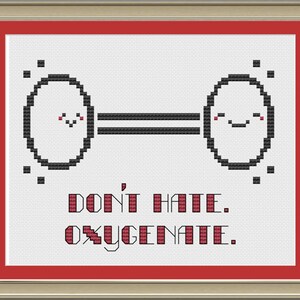 May include: A white cross-stitch design with two black circles with smiling faces and two black lines connecting them. The text "DON'T HATE. OXYGENATE." is written in red below the circles.