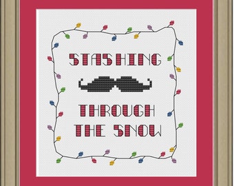 Stashing through the snow: funny Christmas mustache cross-stitch pattern