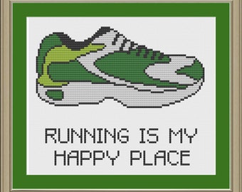 Running is my happy place: running shoe cross-stitch pattern