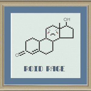 Puede incluir: Un patrón de punto de cruz de una molécula de esteroide de dibujos animados con una cara enojada y el texto "ROID RAGE".