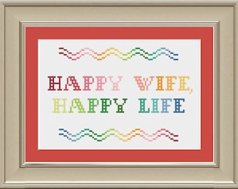 Happy wife, happy life: funny cross-stitch pattern