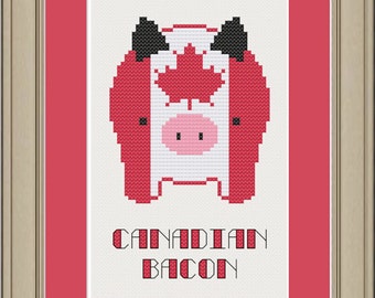 Puede incluir: Patrón de punto de cruz de un cerdo con una bandera canadiense. El texto debajo dice "Canadian Bacon".