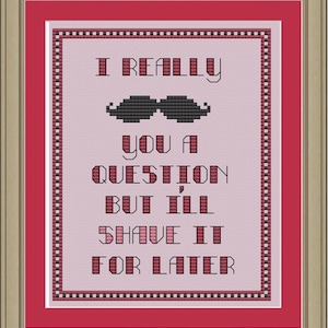 May include: A pink and black cross-stitch pattern with the text "I really you a question but I'll shave it for later" and a black mustache.