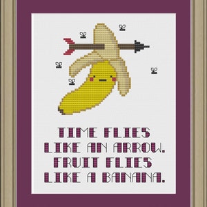 Puede incluir: Un plátano amarillo con una cara linda es atravesado por una flecha. El texto dice "El tiempo vuela como una flecha. La fruta vuela como un plátano."