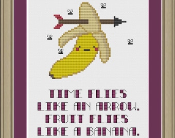 Time flies like an arrow, fruit flies like a banana: funny cross-stitch pattern