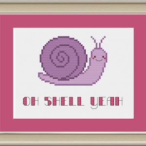 Może przedstawiać: Fioletowy ślimak z uśmiechającą się twarzą i tekstem "Oh Shell Yeah" w różowych literach.