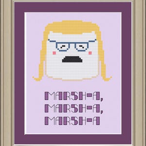 May include: Cross-stitch pattern featuring a cartoon character with blonde hair, glasses, and a mustache. The text "MARSHA, MARSHA, MARSHA" is below the character.