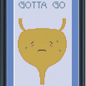 Może przedstawiać: Wzór haftu krzyżykowego przedstawiający kreskówkową pęcherz z smutną miną i tekstem "GOTTA GO".