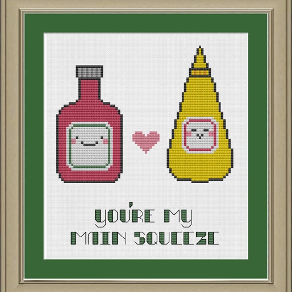 You're my main squeeze: cute ketchup and mustard cross-stitch pattern