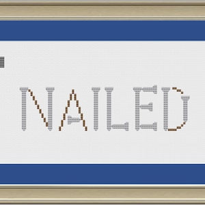 May include: A white cross-stitch design with a cartoon hammer and the text "NAILED IT" in gray nails.